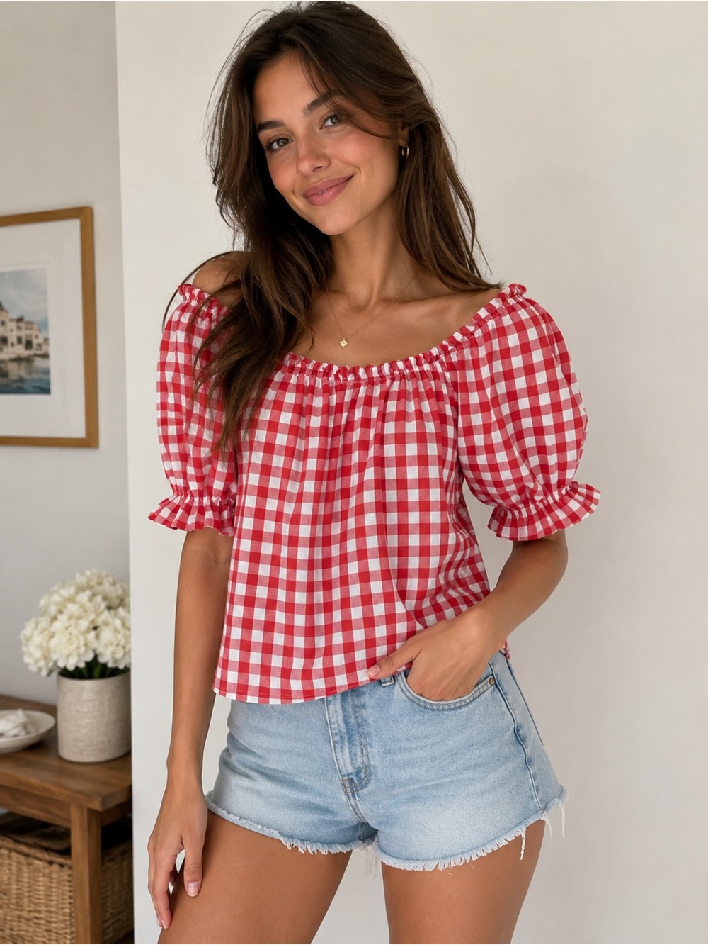Women’s Red & White Gingham Off-Shoulder Puff Sleeve Top. Approx Sz Small-Medium